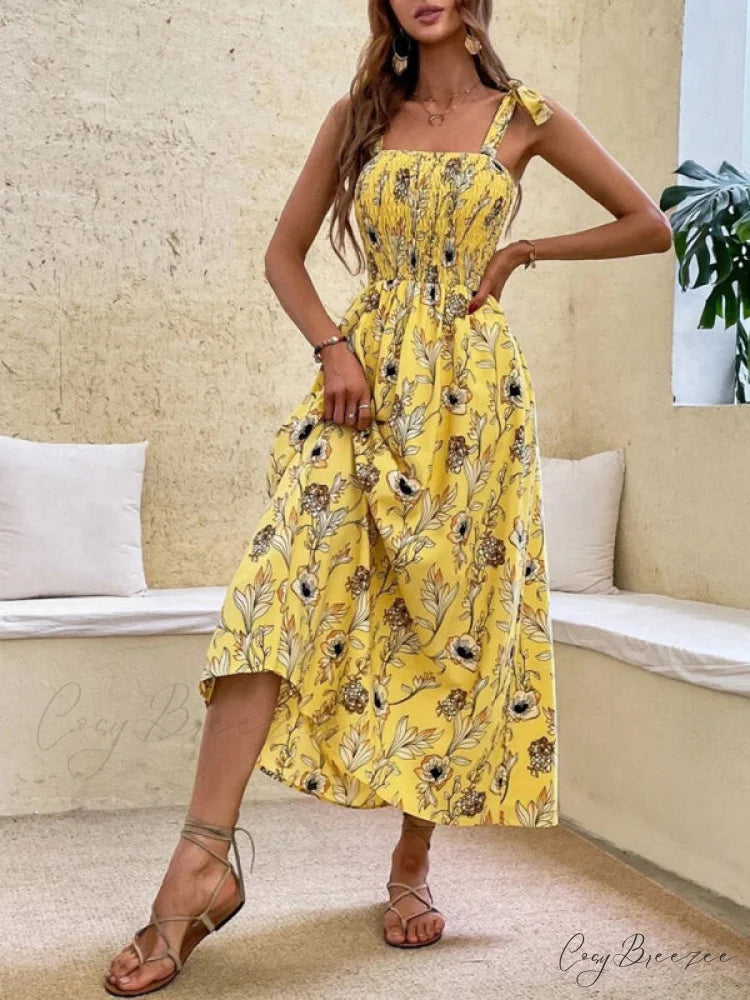 for Flowered Design Tiered Gown Smocked Women