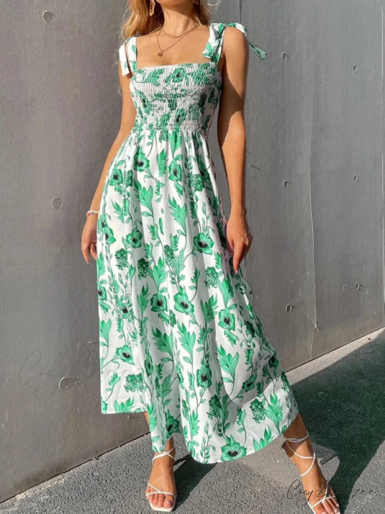 for Flowered Design Tiered Gown Smocked Women Green / S