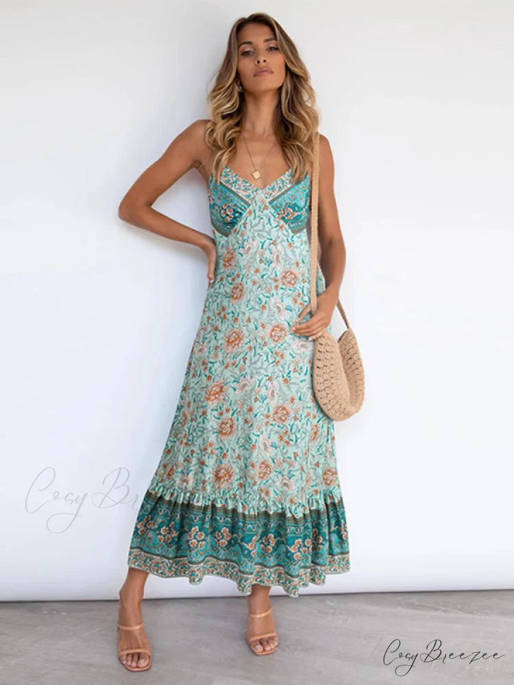 for Suspender Gown Flowered Bohemian Women Green / S