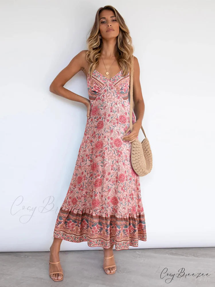 for Suspender Gown Flowered Bohemian Women Pink / S