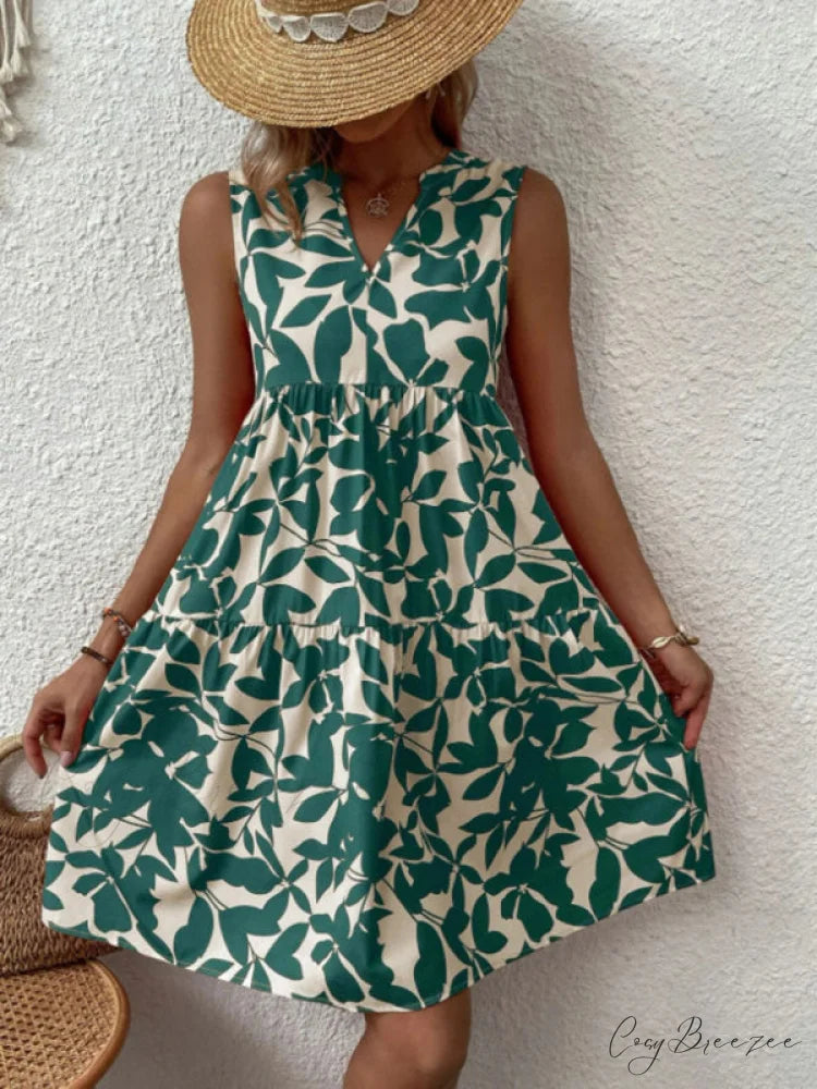 for Tiered Design Sleeveless Minidress Flowered Ruffle Women Green / S