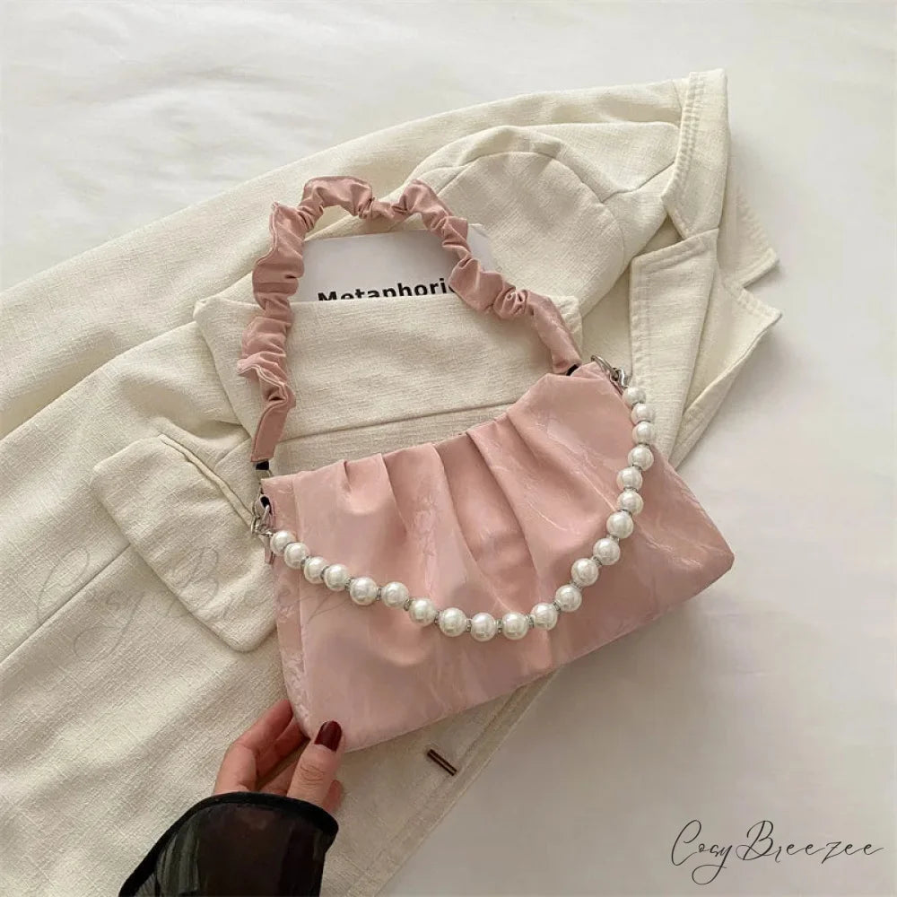 French Beaded Chain Pleated Underarm Crossbody Handbag Pink handbag-250126