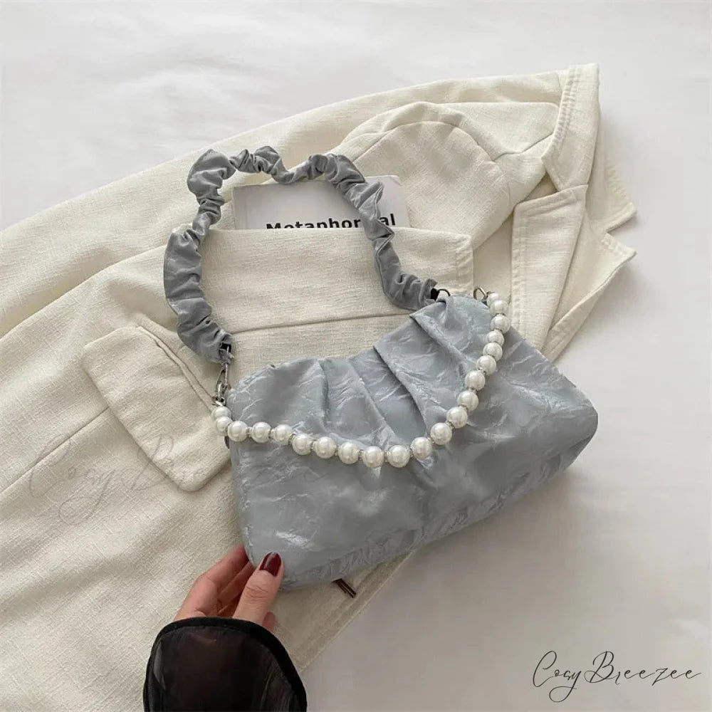 French Beaded Chain Pleated Underarm Crossbody Handbag silver handbag-250126