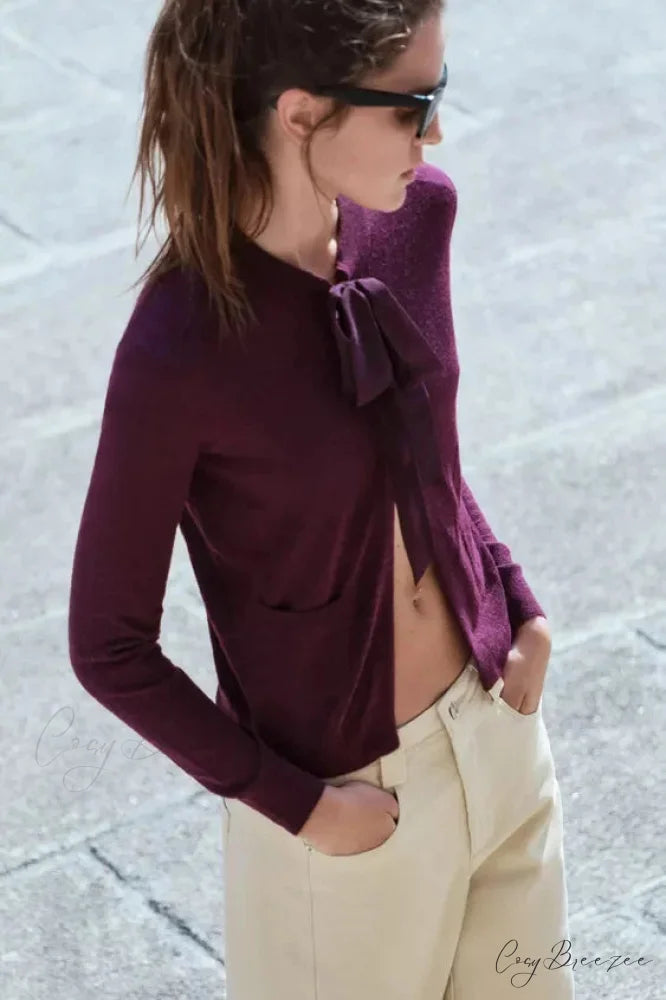 French Design Bow Wool Blended Cardigan PURPLE / S cardigans-241228