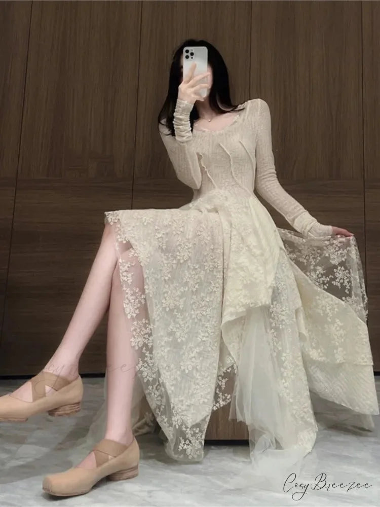 French Irregular Lace Splicing Evening Bridesmaid White Midi Dress