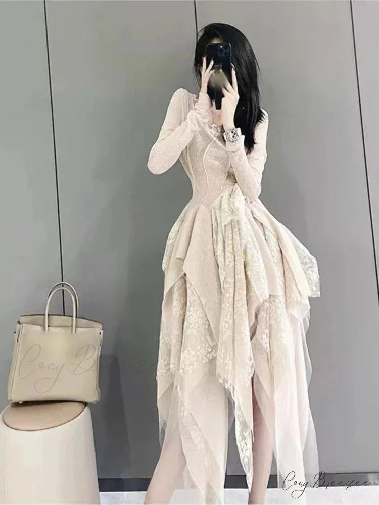 French Irregular Lace Splicing Evening Bridesmaid White Midi Dress