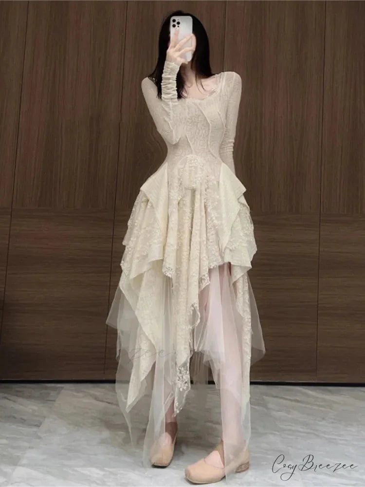 French Irregular Lace Splicing Evening Bridesmaid White Midi Dress