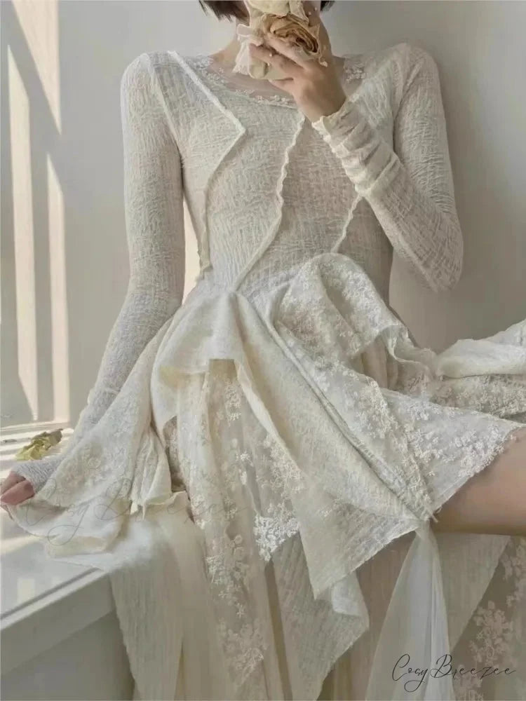 French Irregular Lace Splicing Evening Bridesmaid White Midi Dress