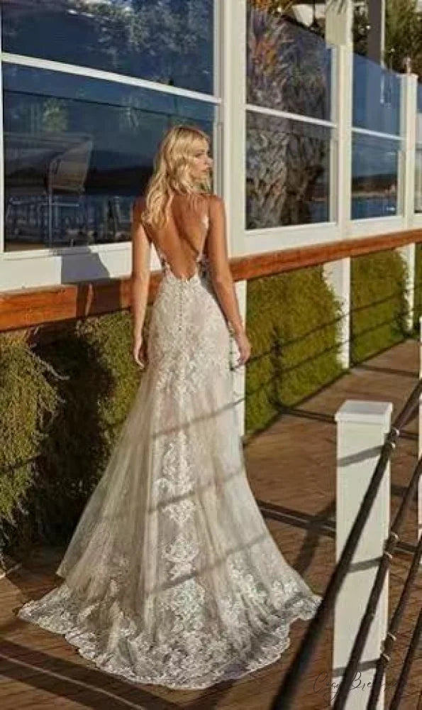 French Lace Long Train Bridal Wedding Dress lvory white / 2 weddingdress-250223