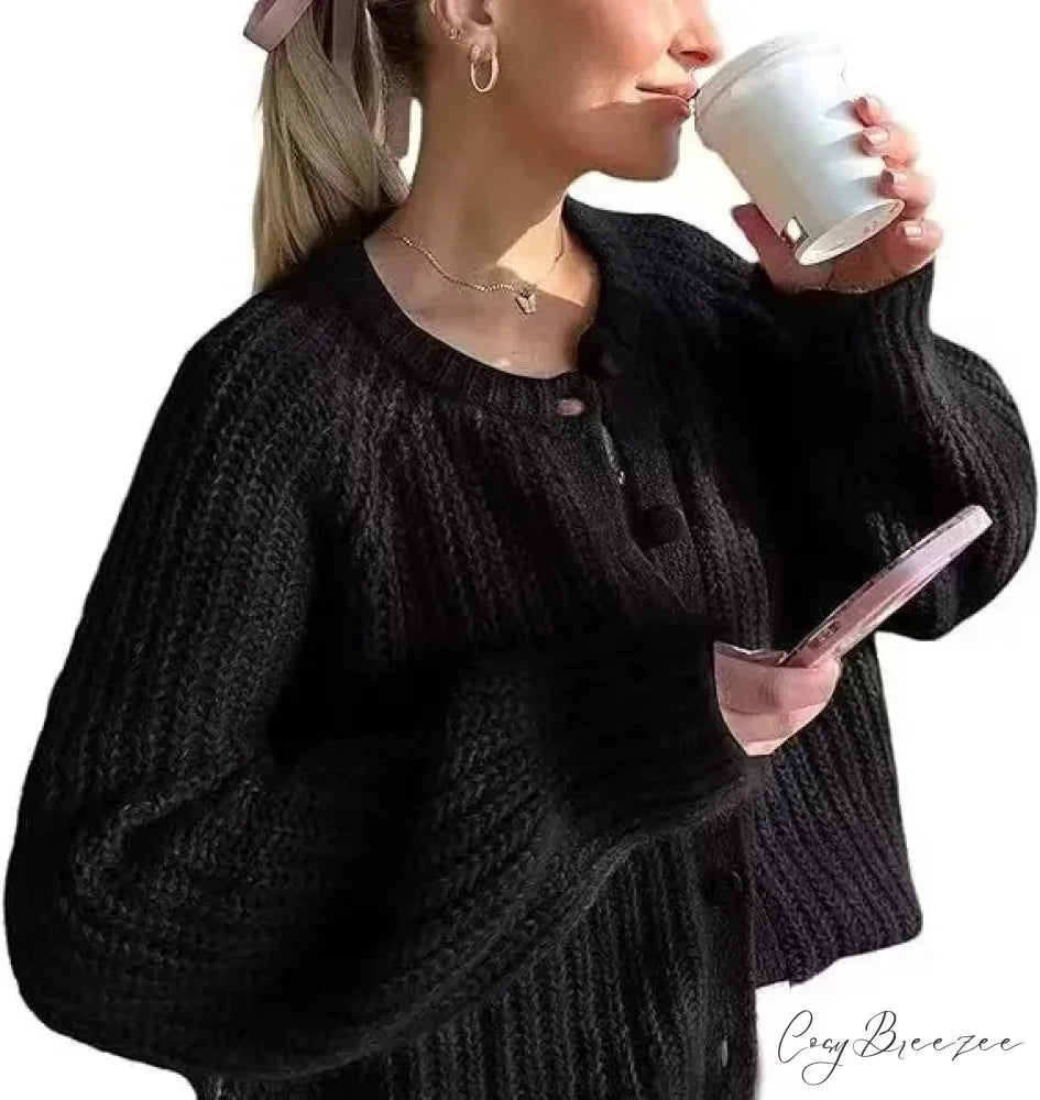 French Unique Plain Relaxed Style Loose Cardigan Black / S cardigans-241228