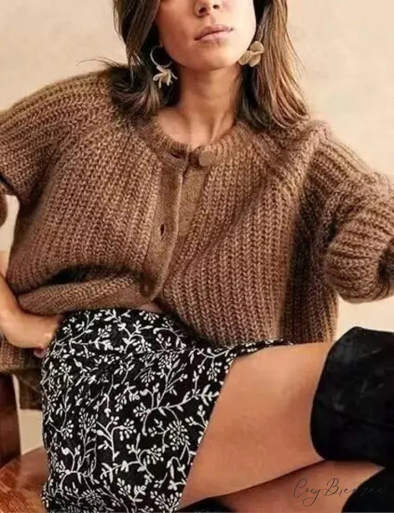 French Unique Plain Relaxed Style Loose Cardigan Khaki / S cardigans-241228