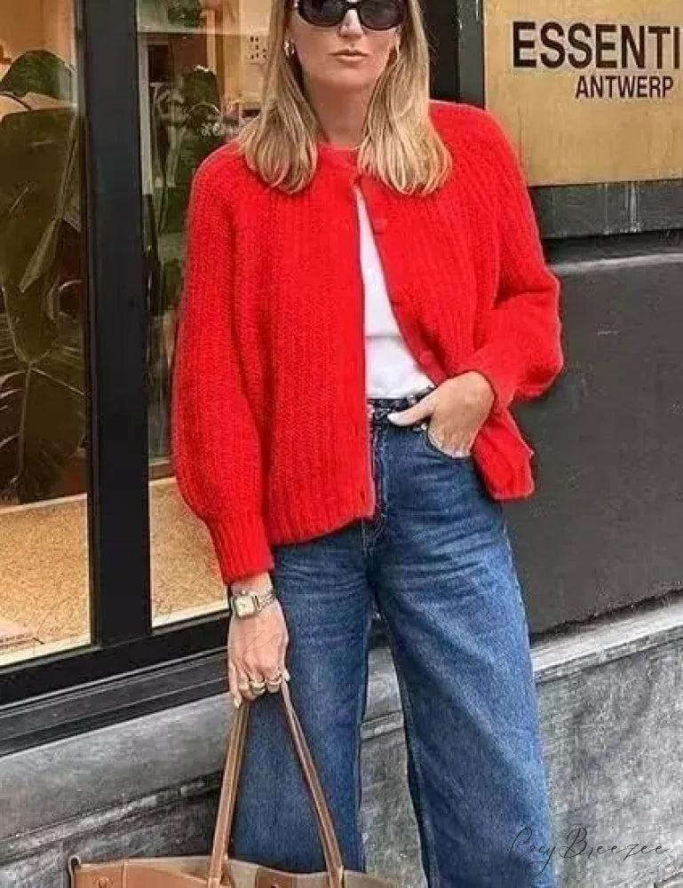 French Unique Plain Relaxed Style Loose Cardigan Red / S cardigans-241228