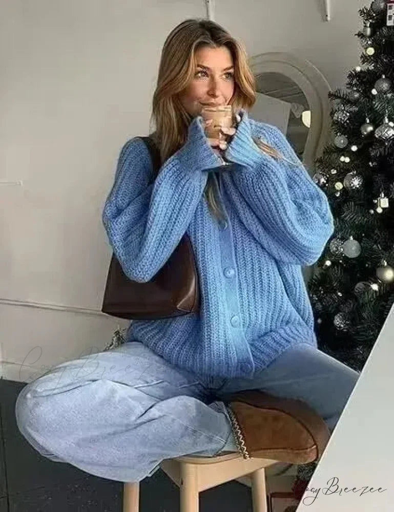 French Unique Plain Relaxed Style Loose Cardigan SKY BLUE / S cardigans-241228