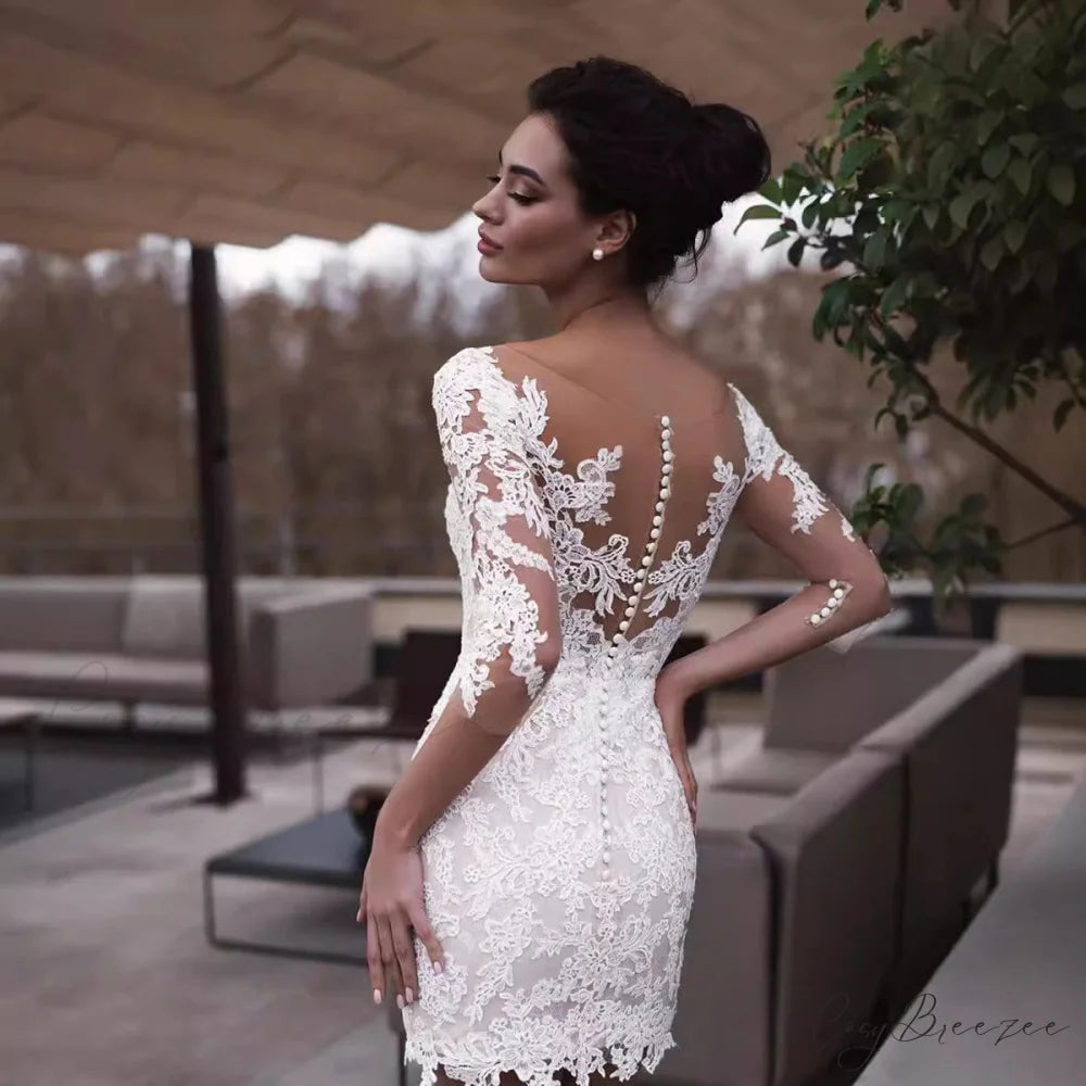 French V-Neck Long Sleeve Wedding Dress lvory white / 2 weddingdress-250223