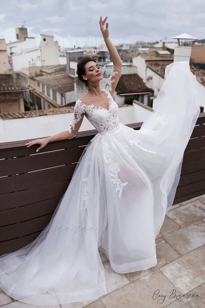 French V-Neck Long Sleeve Wedding Dress White / 2 weddingdress-250223