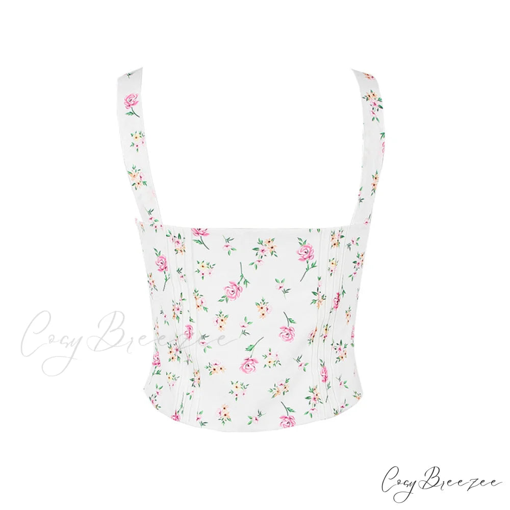 Fresh Tie Front Square Neck Frill Sophisticated Bustier Floral Printed Tank Top - Blue
