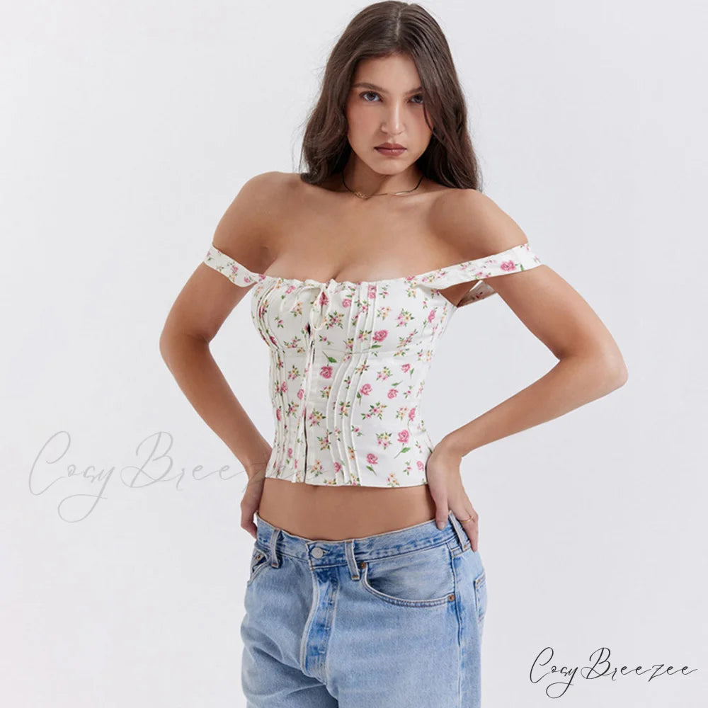 Fresh Tie Front Square Neck Frill Sophisticated Bustier Floral Printed Tank Top - Blue L / Pink