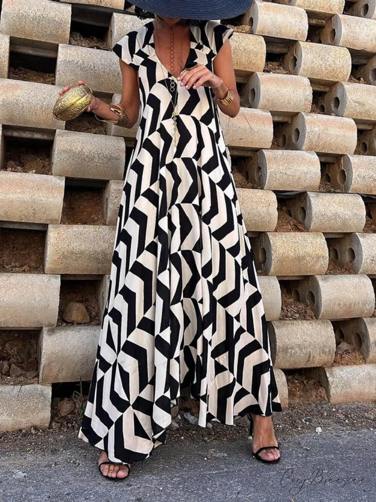 Fresh Unique Ethnic Print Graceful Ruffle Sleeve A-line Maxi Dress