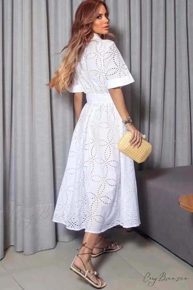 Fresno White Eyelet Trendy Button-Up Midi Dress