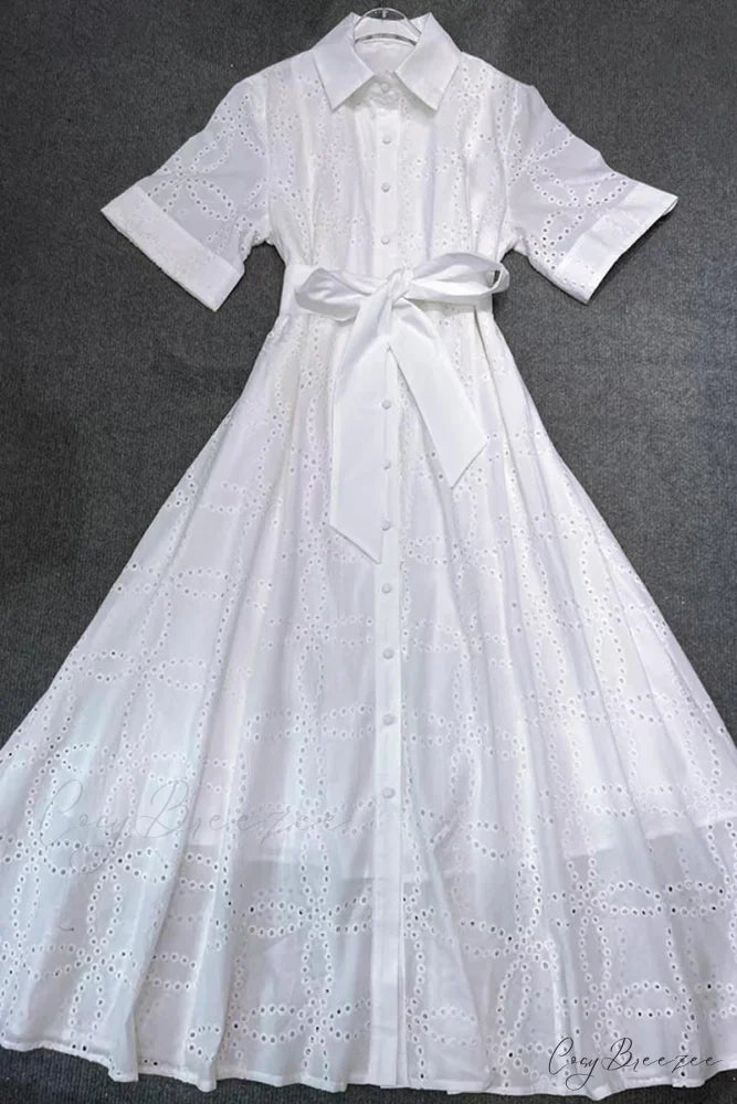 Fresno White Eyelet Trendy Button-Up Midi Dress