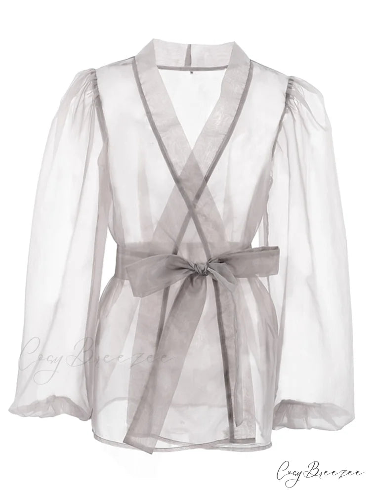 FRIDA Elegant MESH BLOUSE Grey / S