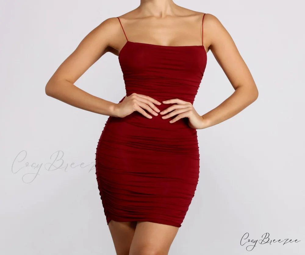 Friday Night Stylish Ruched Midi Dress BURGUNDY / XS
