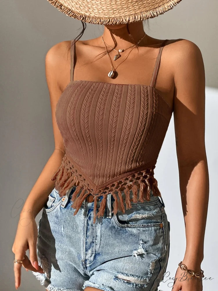 Fringe Trim Cami Top Brown / S