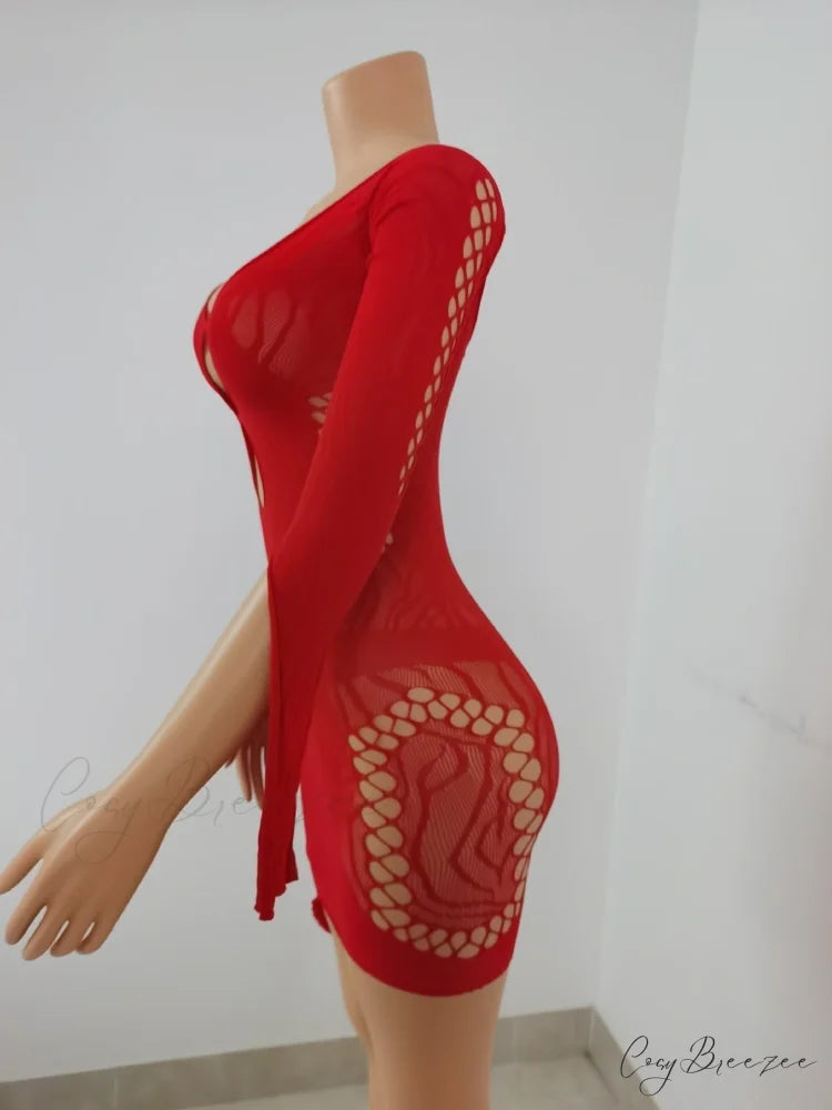 Front Hollow Cut Off-shoulder Graceful Bodycon Mesh Mini Dress