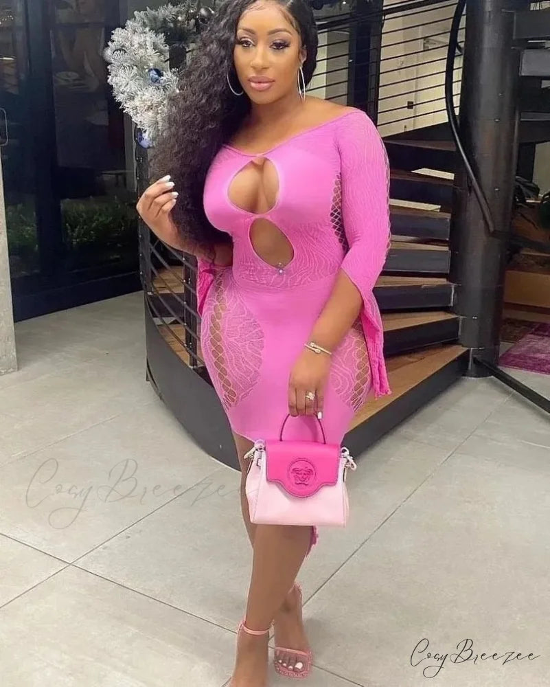 Front Hollow Cut Off-shoulder Graceful Bodycon Mesh Mini Dress