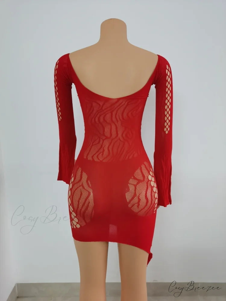 Front Hollow Cut Off-shoulder Graceful Bodycon Mesh Mini Dress