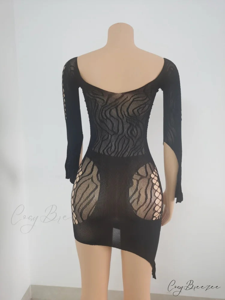 Front Hollow Cut Off-shoulder Graceful Bodycon Mesh Mini Dress