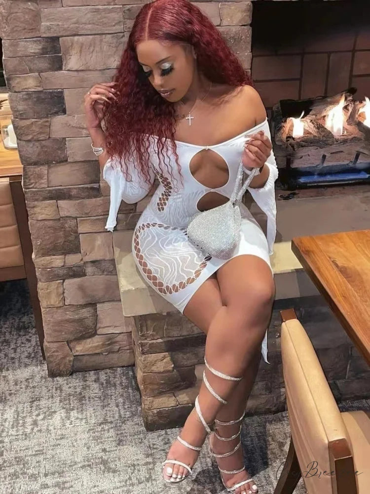 Front Hollow Cut Off-shoulder Graceful Bodycon Mesh Mini Dress