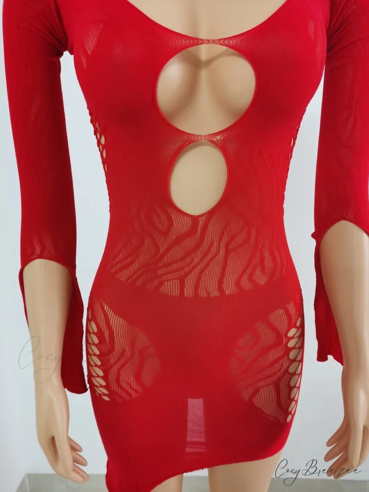 Front Hollow Cut Off-shoulder Graceful Bodycon Mesh Mini Dress