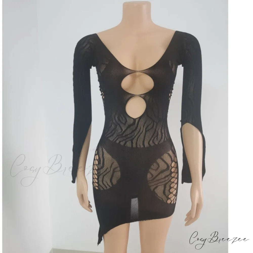 Front Hollow Cut Off-shoulder Graceful Bodycon Mesh Mini Dress Black / One Size