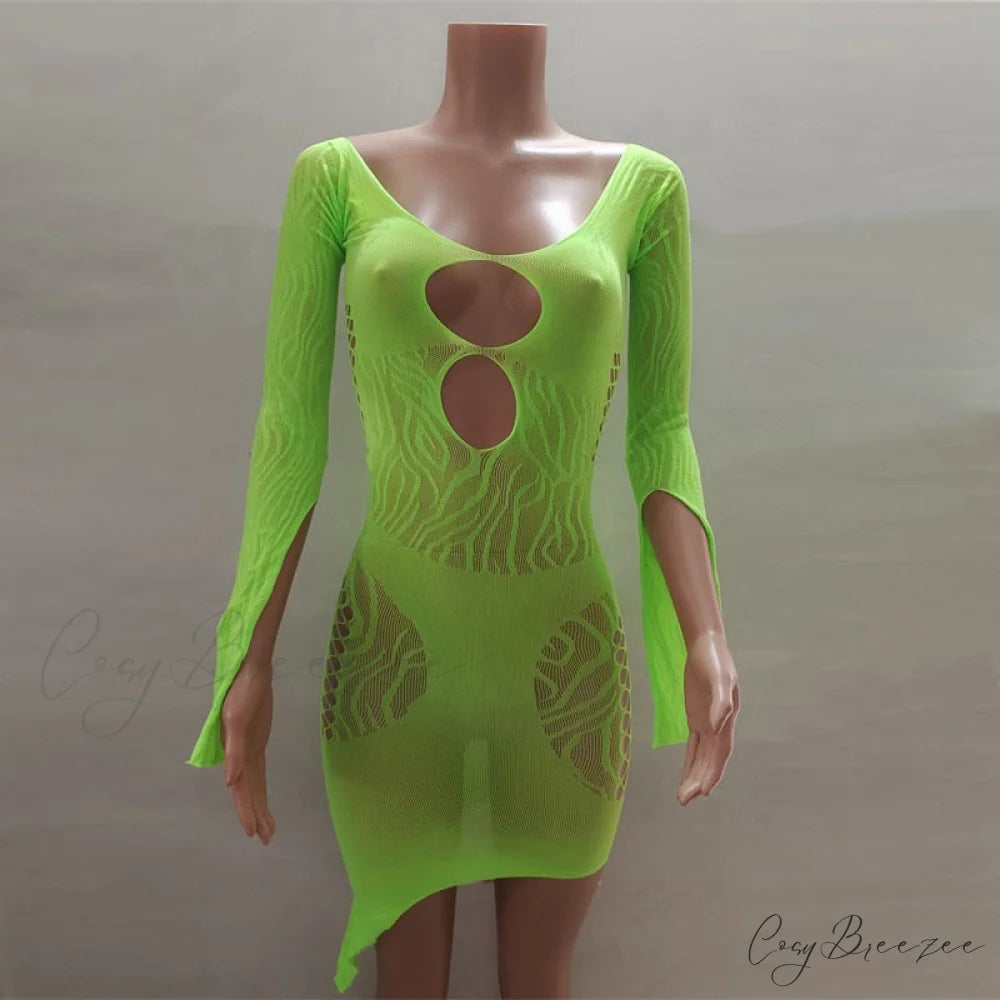 Front Hollow Cut Off-shoulder Graceful Bodycon Mesh Mini Dress Green / One Size