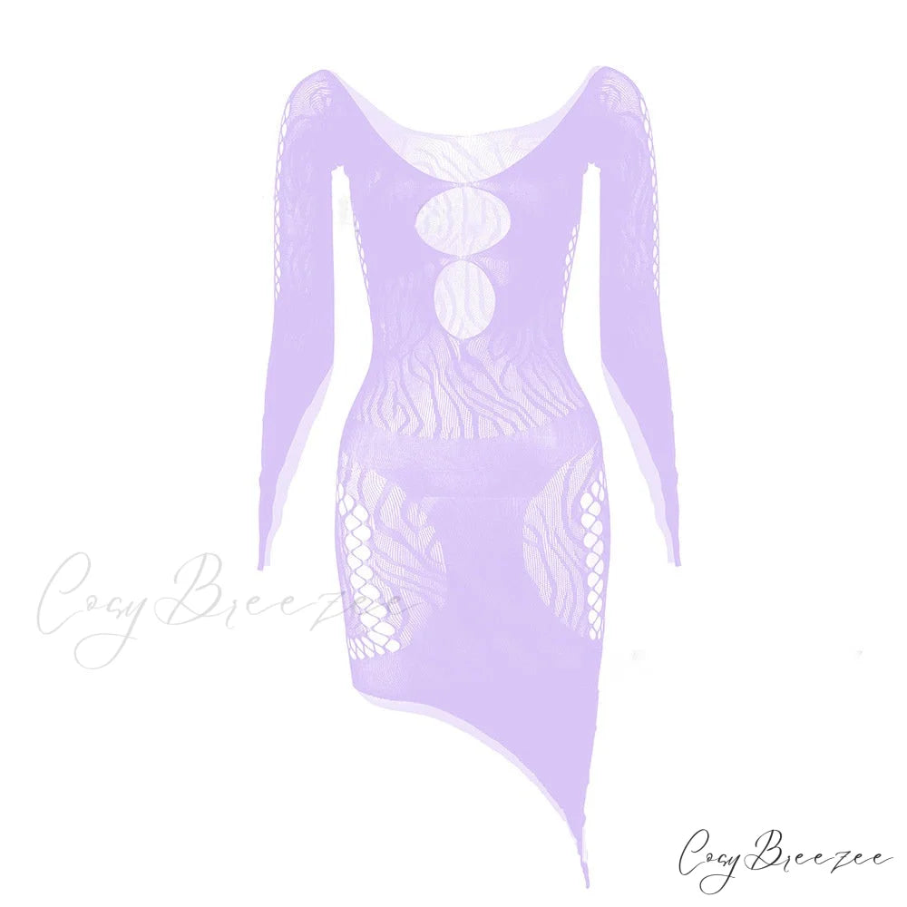 Front Hollow Cut Off-shoulder Graceful Bodycon Mesh Mini Dress Lavender / One Size