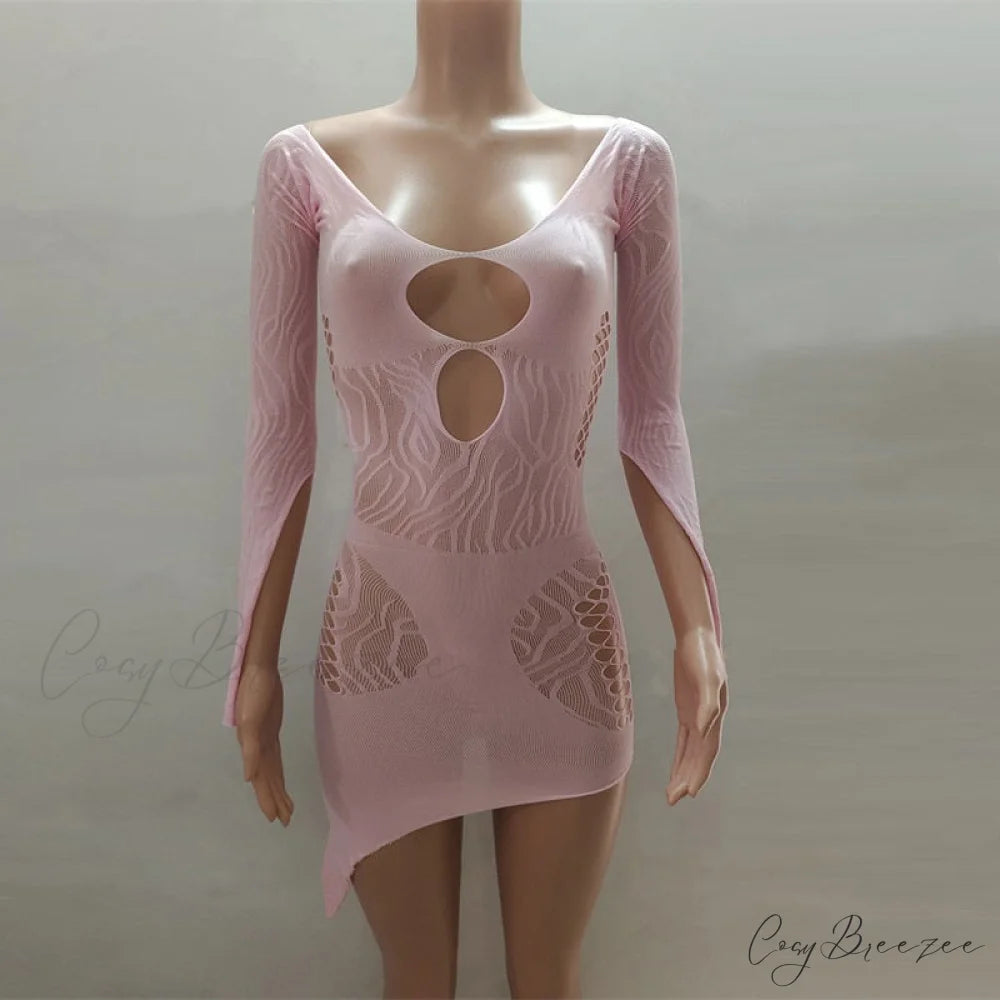 Front Hollow Cut Off-shoulder Graceful Bodycon Mesh Mini Dress Pink / One Size