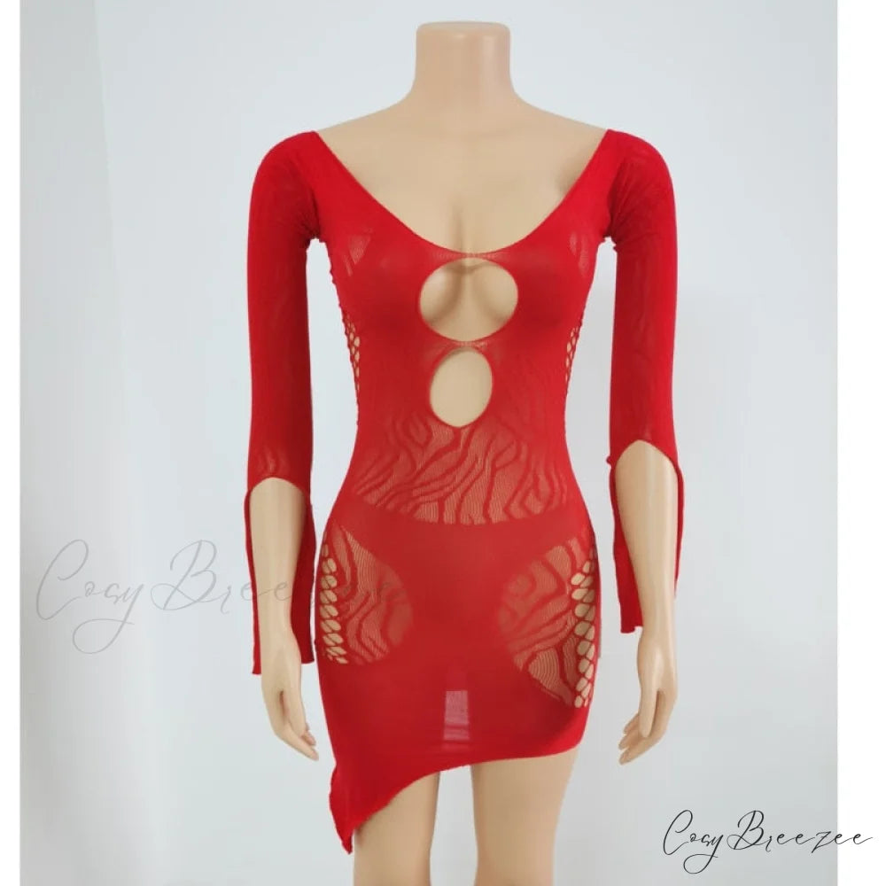 Front Hollow Cut Off-shoulder Graceful Bodycon Mesh Mini Dress Red / One Size