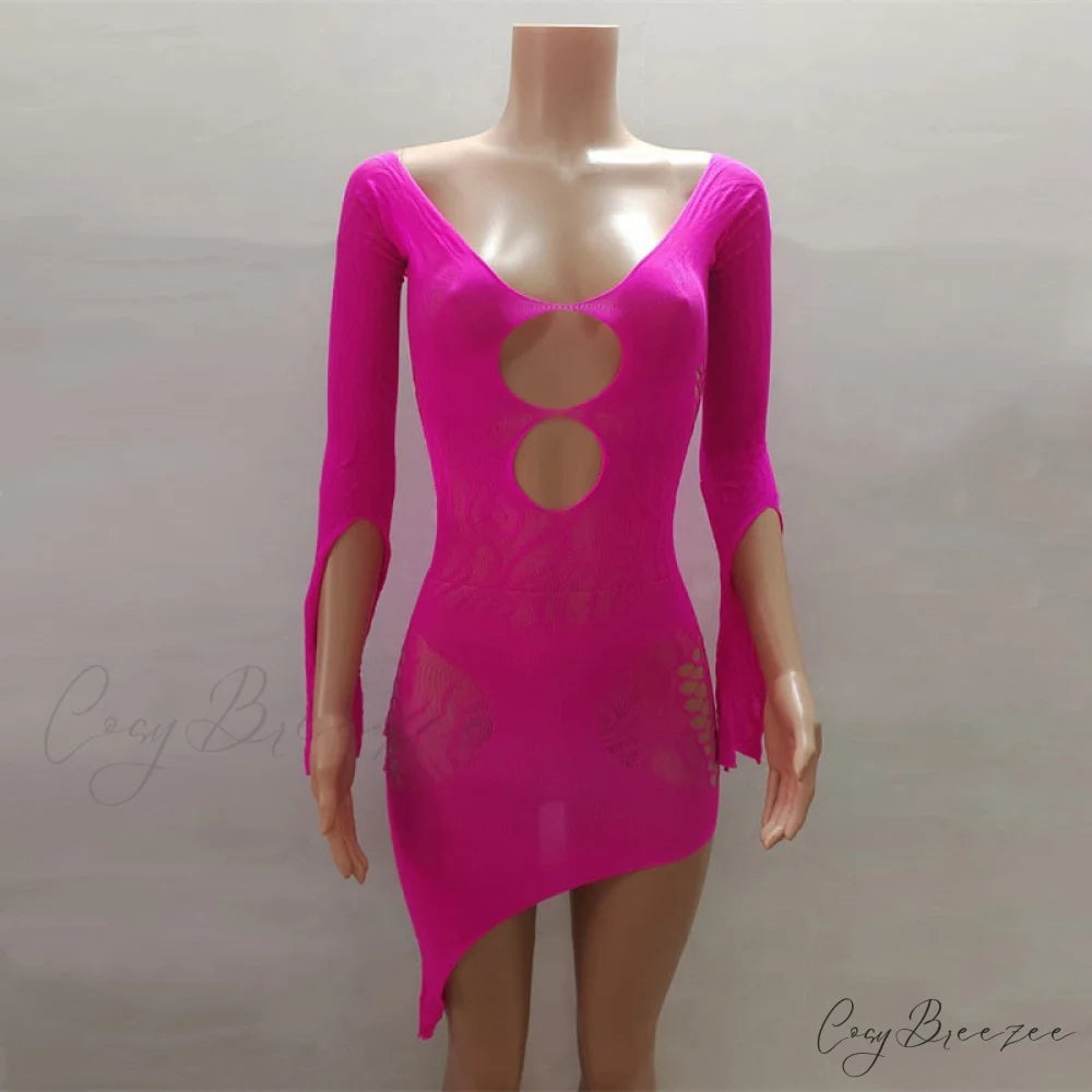Front Hollow Cut Off-shoulder Graceful Bodycon Mesh Mini Dress Rose / One Size