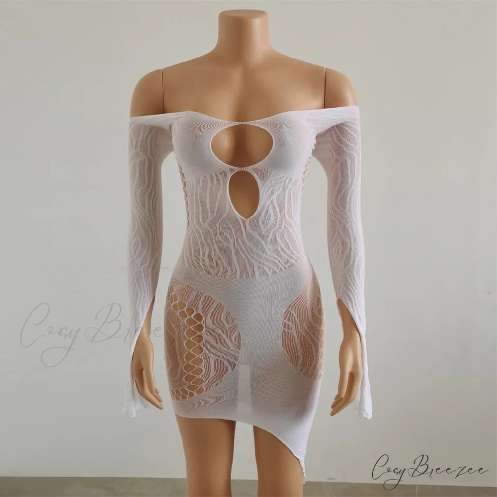 Front Hollow Cut Off-shoulder Graceful Bodycon Mesh Mini Dress White / One Size