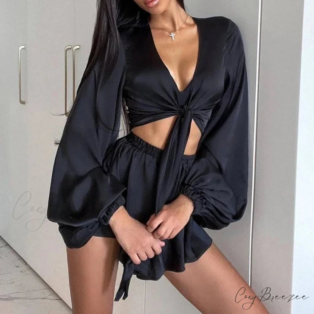 Front Tie Low Cut Full Sleeve Crop Top Flow Shorts Two Pieces Set Black / S twopiecesset-250126