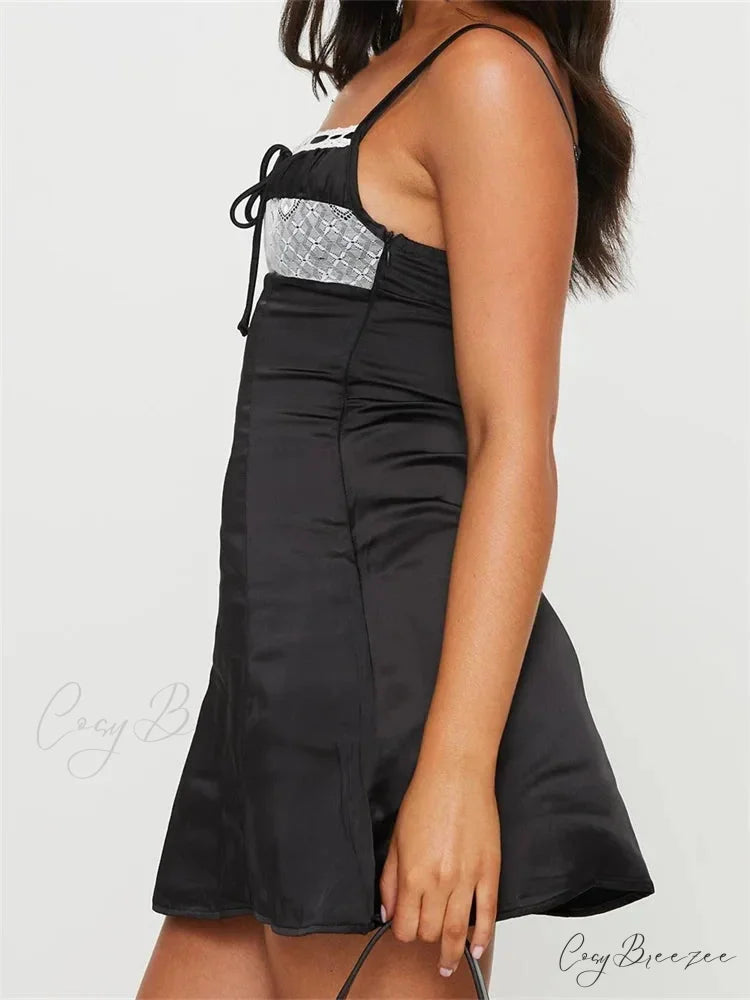 Front Tie up Ruched Sleeveless Spaghetti Strap Mini Dress