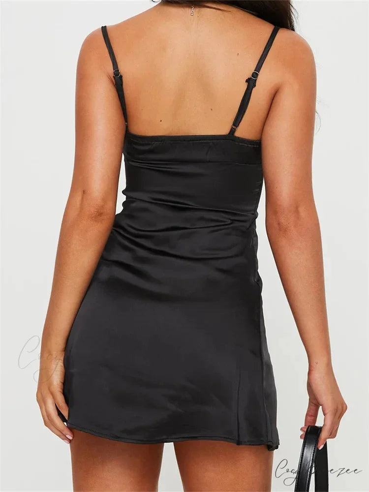 Front Tie up Ruched Sleeveless Spaghetti Strap Mini Dress
