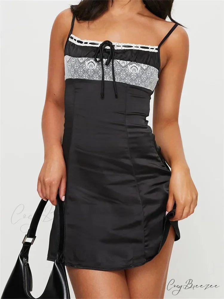 Front Tie up Ruched Sleeveless Spaghetti Strap Mini Dress A / S
