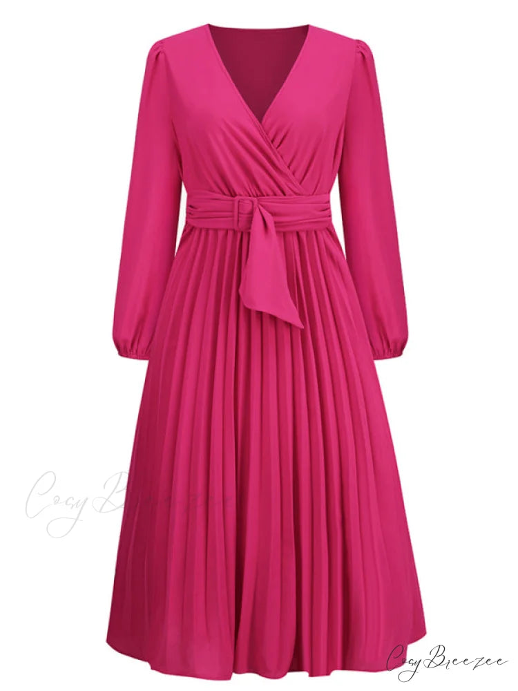 Full-Length Folded Belt Neck Long Waist Women’s at Gown and V with Faux-wrap Sleeves