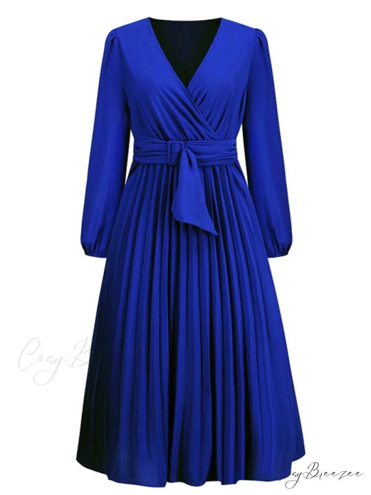 Full-Length Folded Belt Neck Long Waist Women’s at Gown and V with Faux-wrap Sleeves