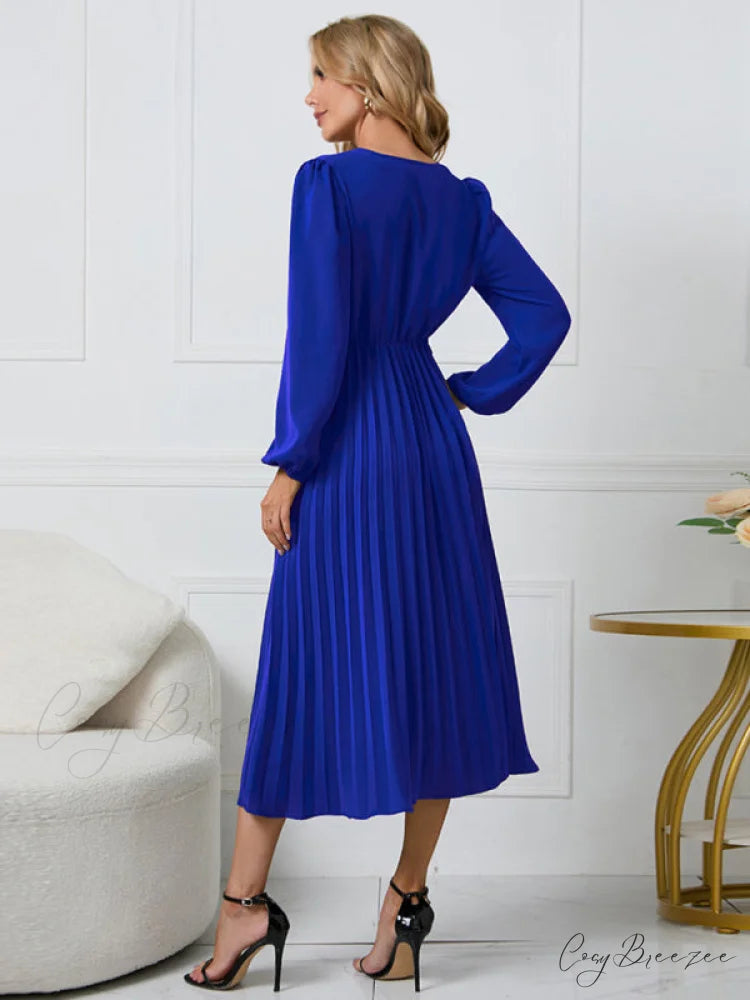 Full-Length Folded Belt Neck Long Waist Women’s at Gown and V with Faux-wrap Sleeves