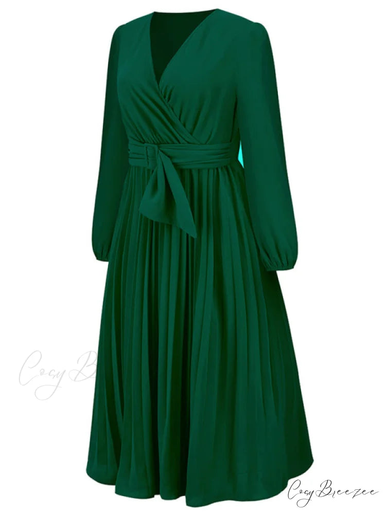Full-Length Folded Belt Neck Long Waist Women’s at Gown and V with Faux-wrap Sleeves