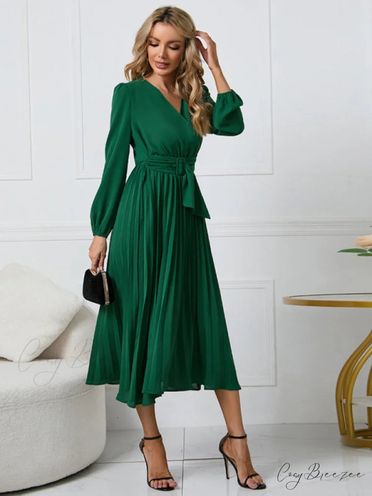 Full-Length Folded Belt Neck Long Waist Women’s at Gown and V with Faux-wrap Sleeves