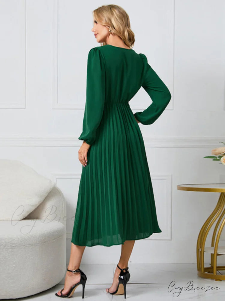 Full-Length Folded Belt Neck Long Waist Women’s at Gown and V with Faux-wrap Sleeves
